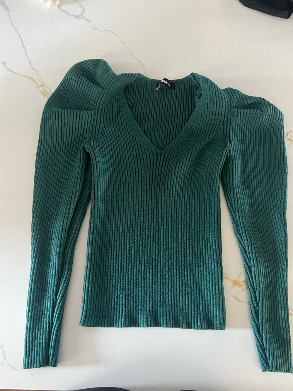 Express Deep Green Ribbed V-Neck Sweater